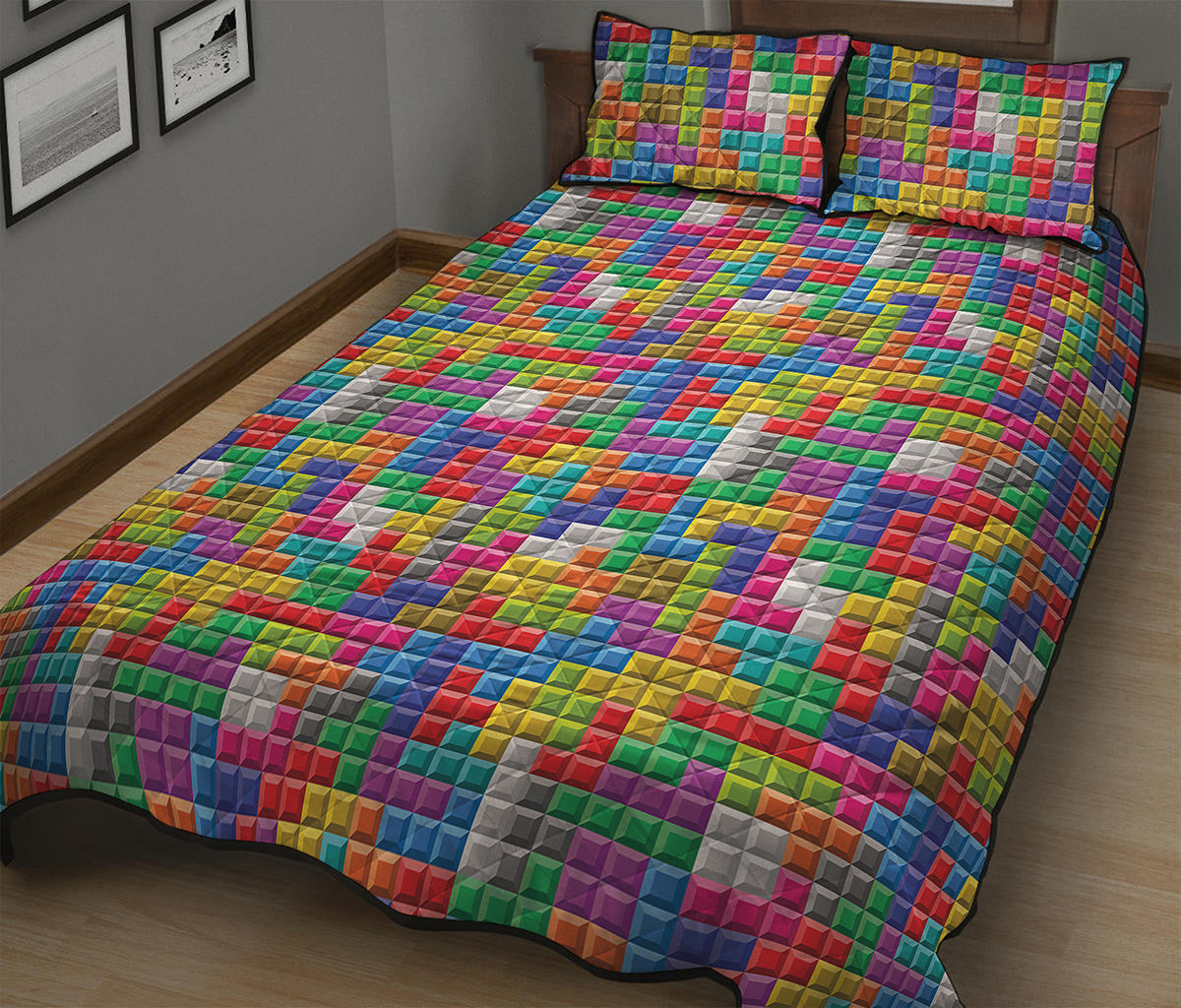 Colorful Brick Puzzle Game Pattern Print Quilt Bed Set