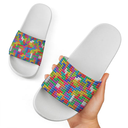 Colorful Brick Puzzle Game Pattern Print White Slide Sandals