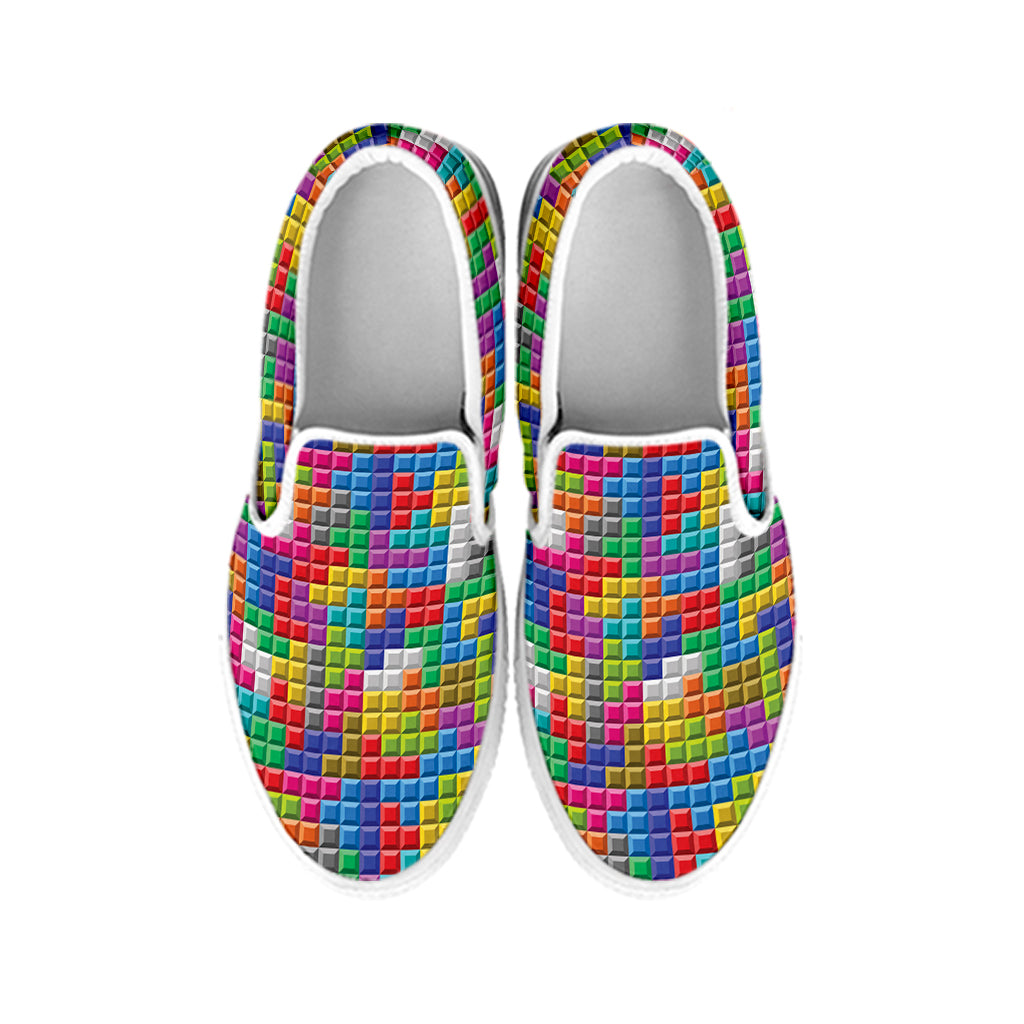 Colorful Brick Puzzle Game Pattern Print White Slip On Shoes