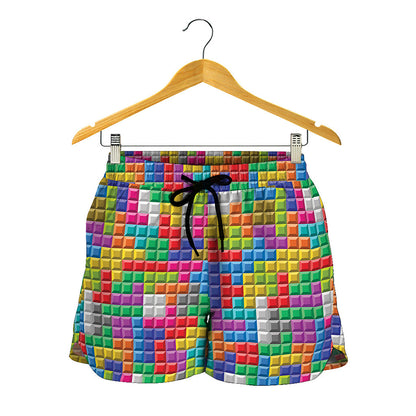 Colorful Brick Puzzle Game Pattern Print Women's Shorts