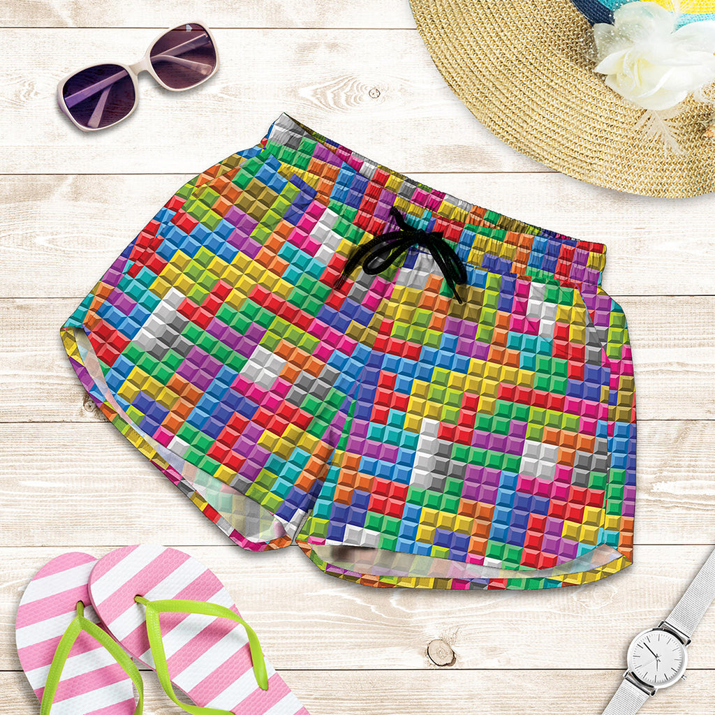 Colorful Brick Puzzle Game Pattern Print Women's Shorts