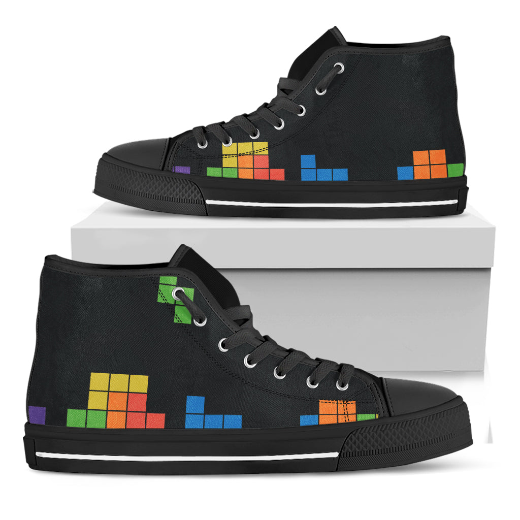 Colorful Brick Puzzle Video Game Print Black High Top Shoes