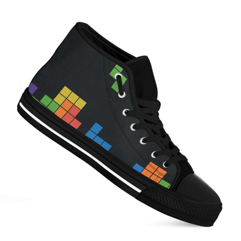 Colorful Brick Puzzle Video Game Print Black High Top Shoes