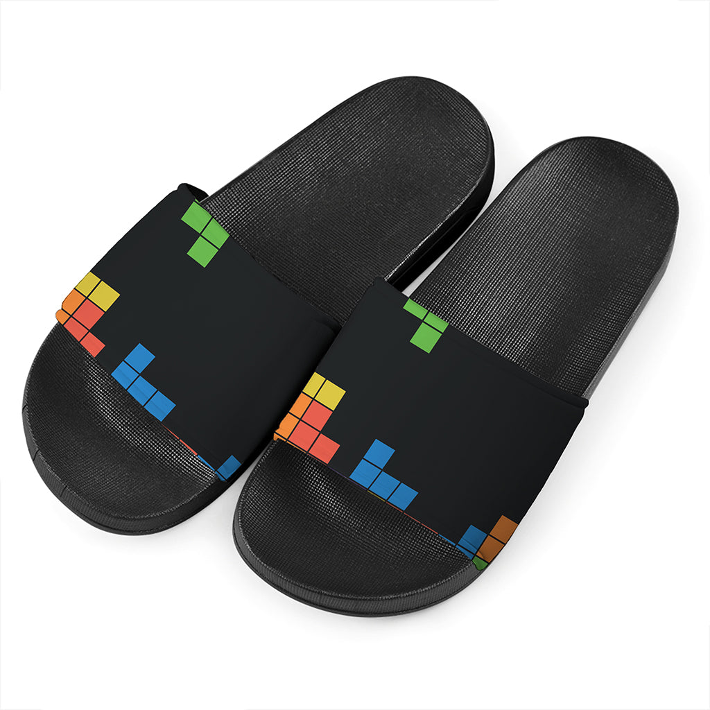 Colorful Brick Puzzle Video Game Print Black Slide Sandals