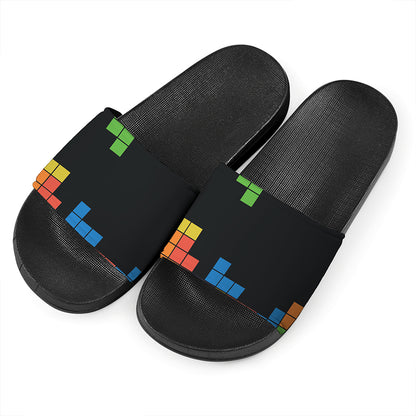 Colorful Brick Puzzle Video Game Print Black Slide Sandals