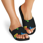 Colorful Brick Puzzle Video Game Print Black Slide Sandals