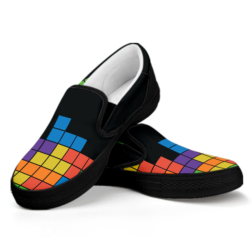 Colorful Brick Puzzle Video Game Print Black Slip On Shoes