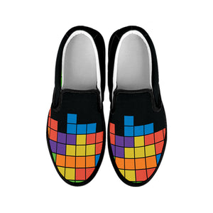 Colorful Brick Puzzle Video Game Print Black Slip On Shoes