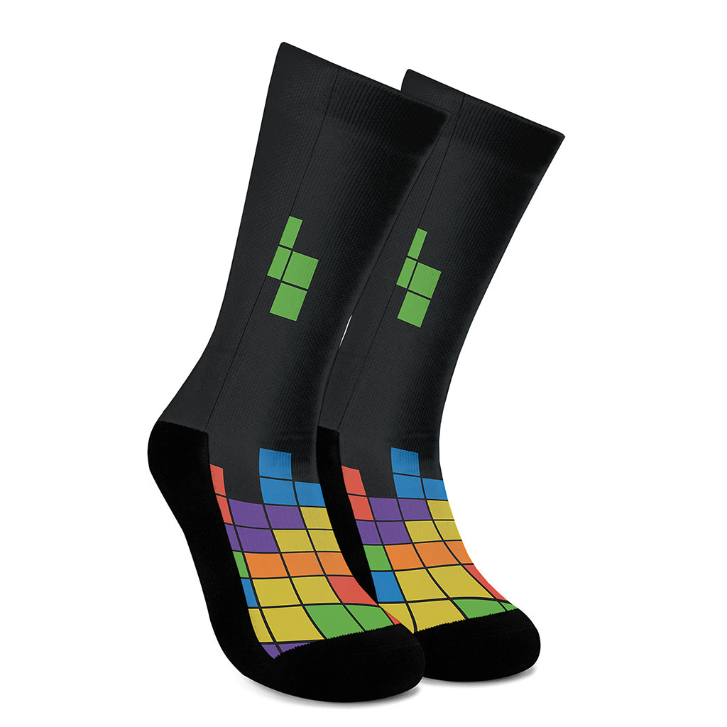 Colorful Brick Puzzle Video Game Print Crew Socks