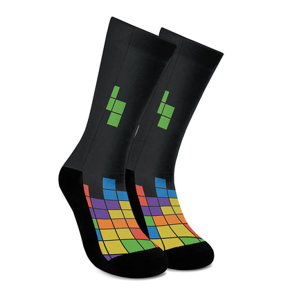 Colorful Brick Puzzle Video Game Print Crew Socks