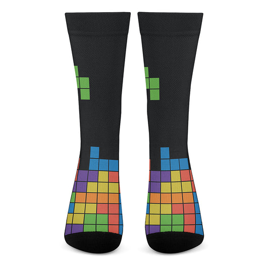 Colorful Brick Puzzle Video Game Print Crew Socks