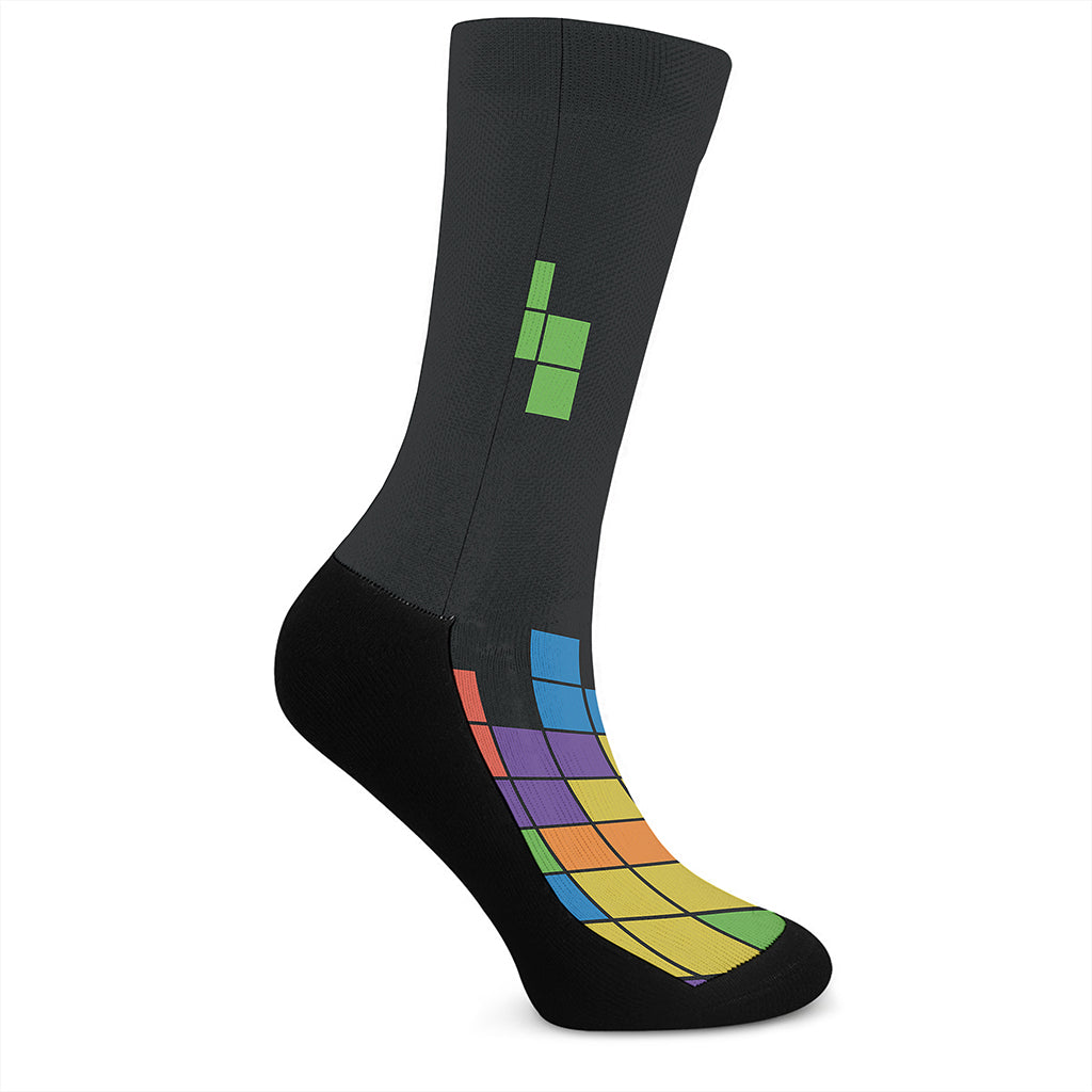 Colorful Brick Puzzle Video Game Print Crew Socks