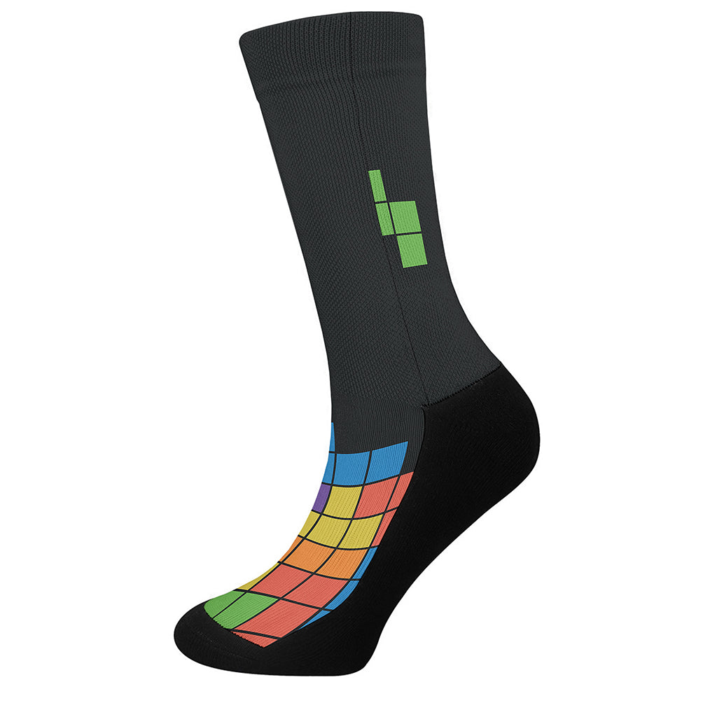 Colorful Brick Puzzle Video Game Print Crew Socks