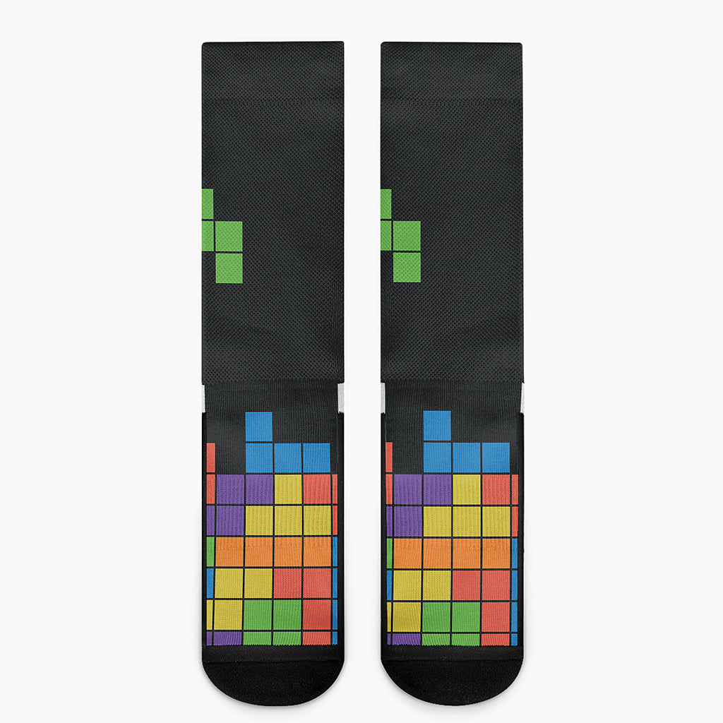 Colorful Brick Puzzle Video Game Print Crew Socks