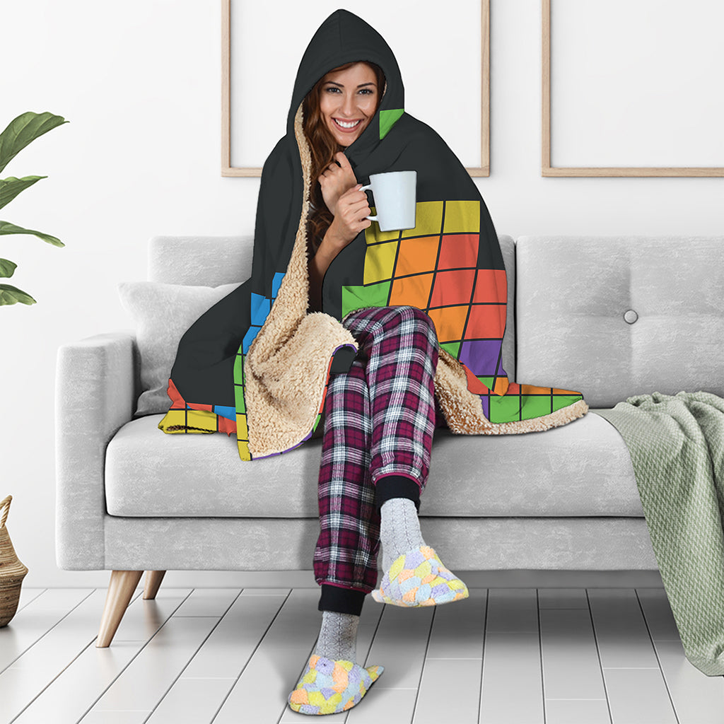 Colorful Brick Puzzle Video Game Print Hooded Blanket