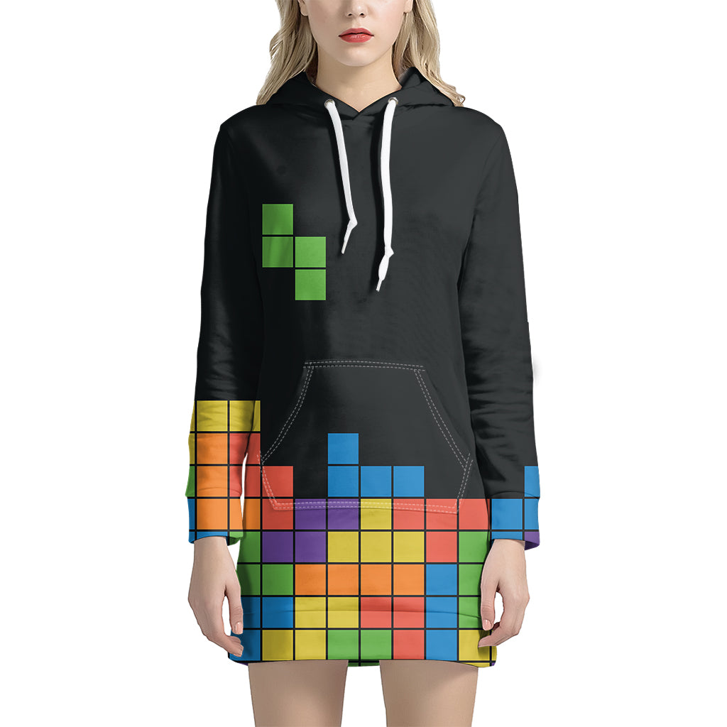 Colorful Brick Puzzle Video Game Print Hoodie Dress