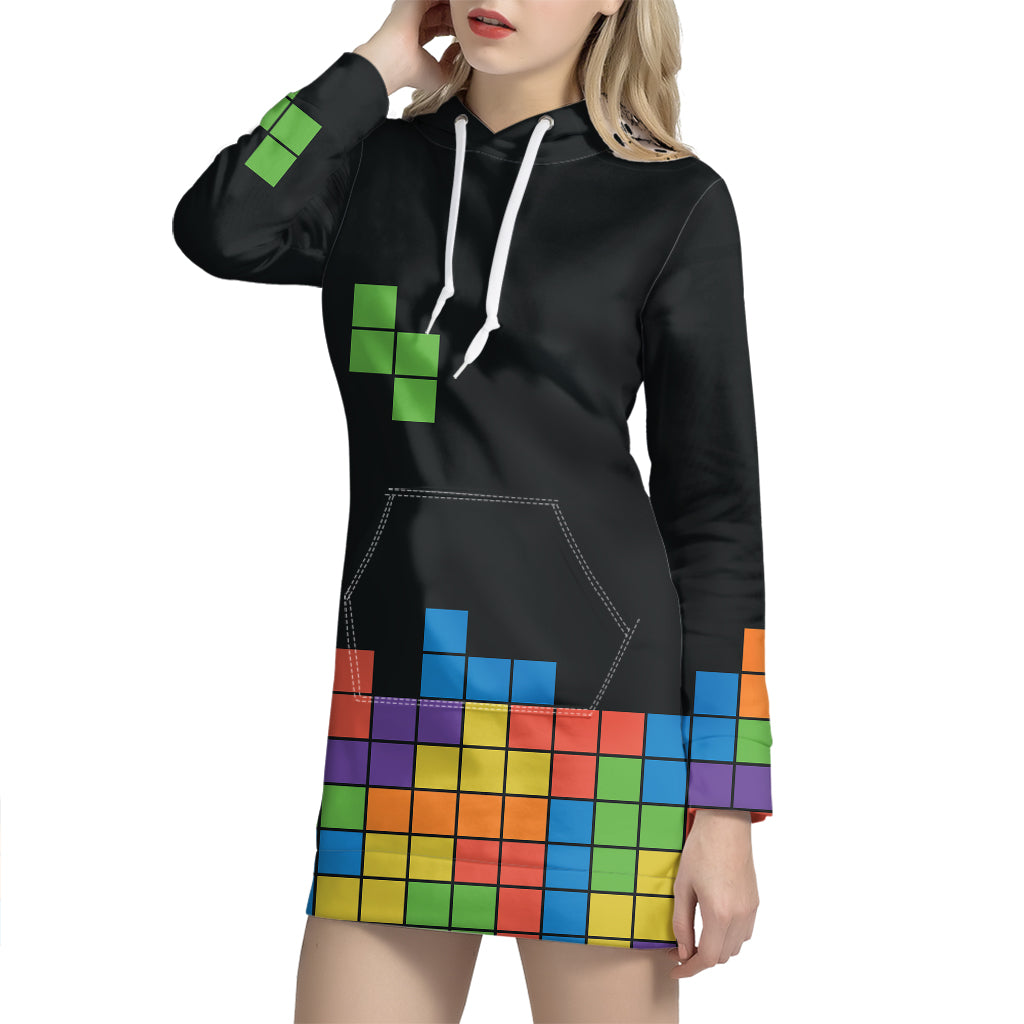 Colorful Brick Puzzle Video Game Print Hoodie Dress