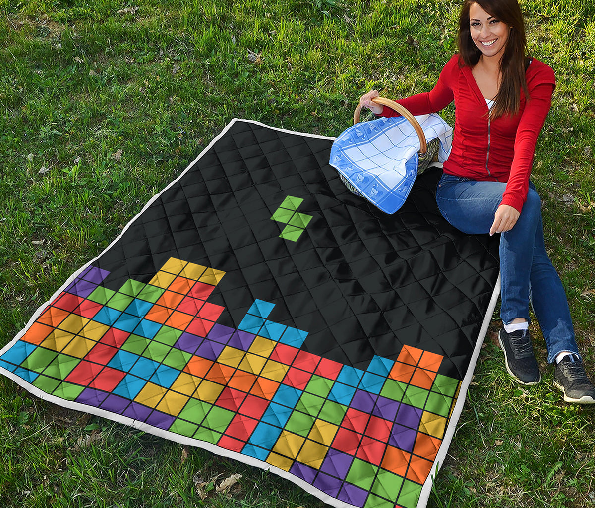 Colorful Brick Puzzle Video Game Print Quilt