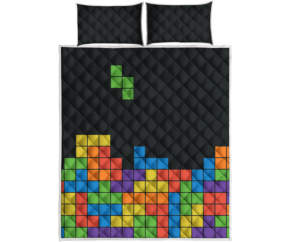 Colorful Brick Puzzle Video Game Print Quilt Bed Set