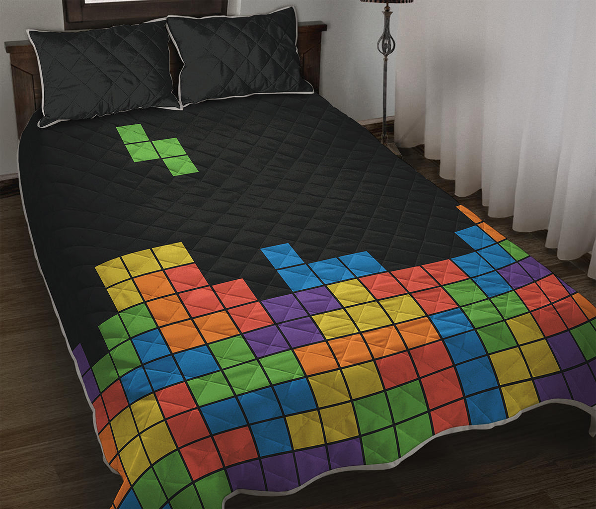 Colorful Brick Puzzle Video Game Print Quilt Bed Set