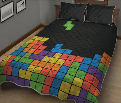 Colorful Brick Puzzle Video Game Print Quilt Bed Set