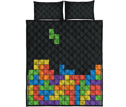 Colorful Brick Puzzle Video Game Print Quilt Bed Set