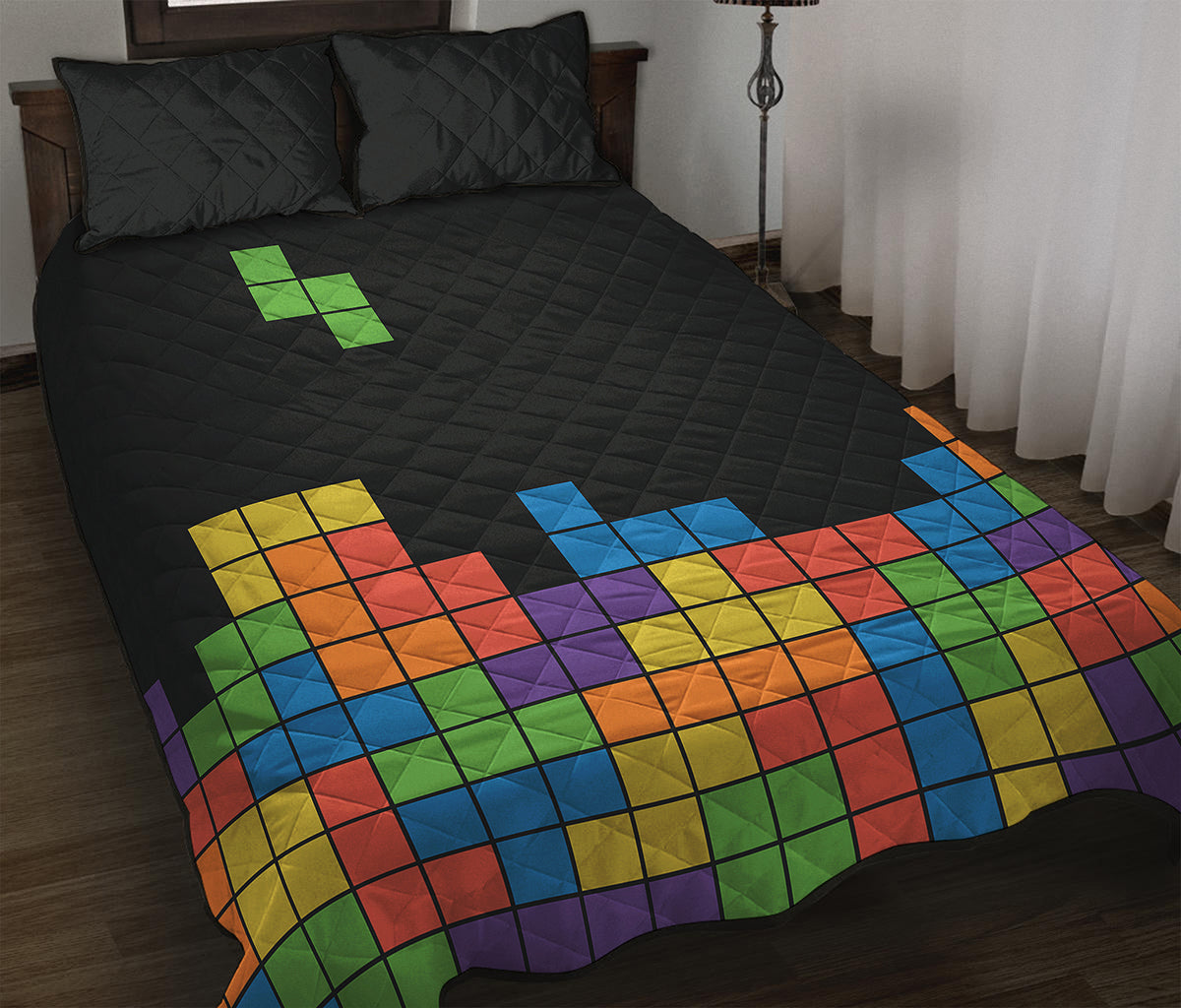 Colorful Brick Puzzle Video Game Print Quilt Bed Set