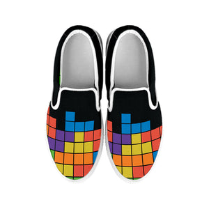 Colorful Brick Puzzle Video Game Print White Slip On Shoes