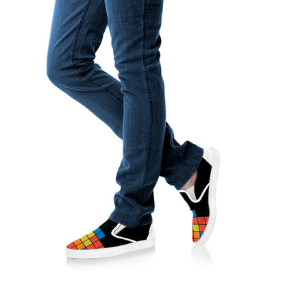Colorful Brick Puzzle Video Game Print White Slip On Shoes