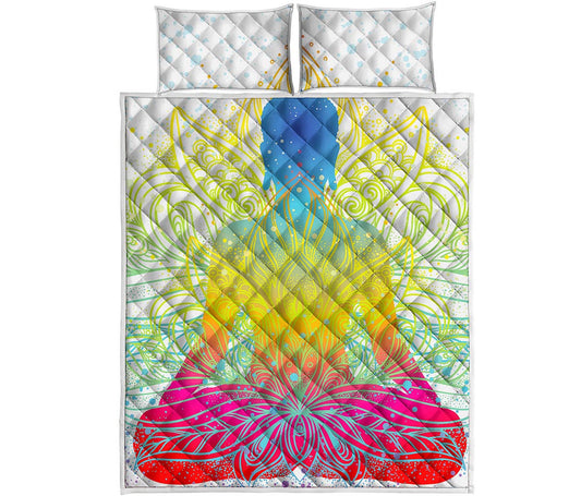 Colorful Buddha Lotus Print Quilt Bed Set