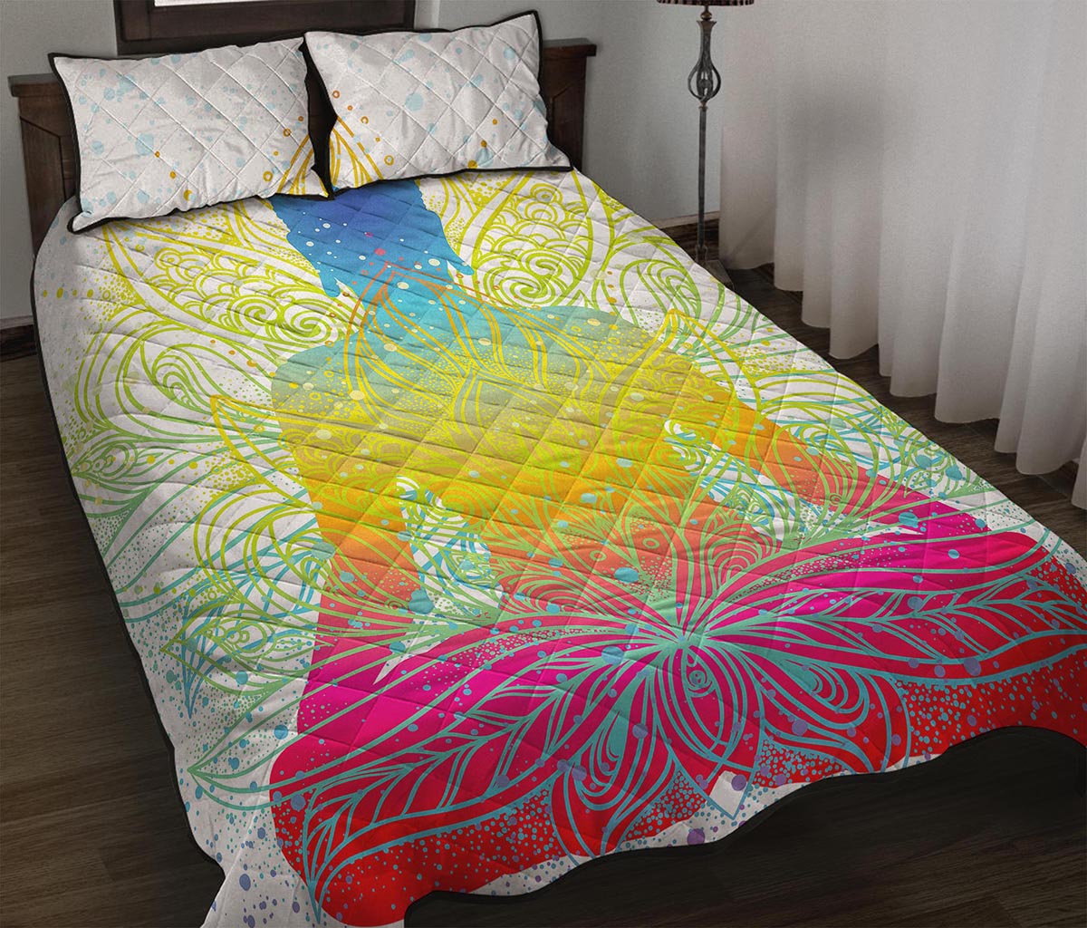 Colorful Buddha Lotus Print Quilt Bed Set