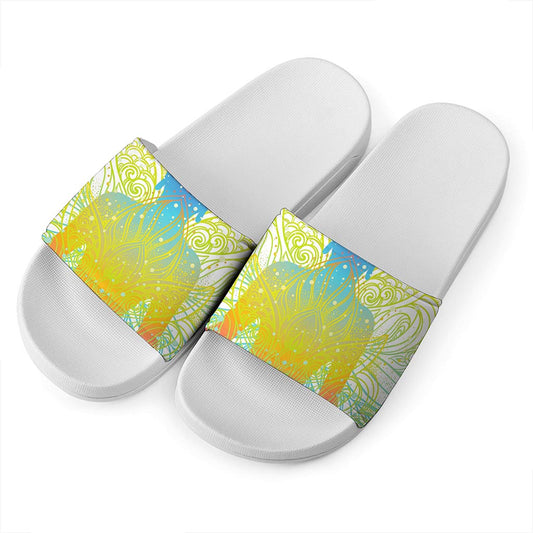Colorful Buddha Lotus Print White Slide Sandals