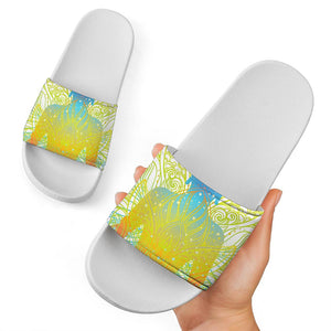 Colorful Buddha Lotus Print White Slide Sandals