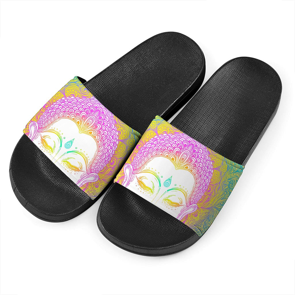 Colorful Buddha Mandala Print Black Slide Sandals