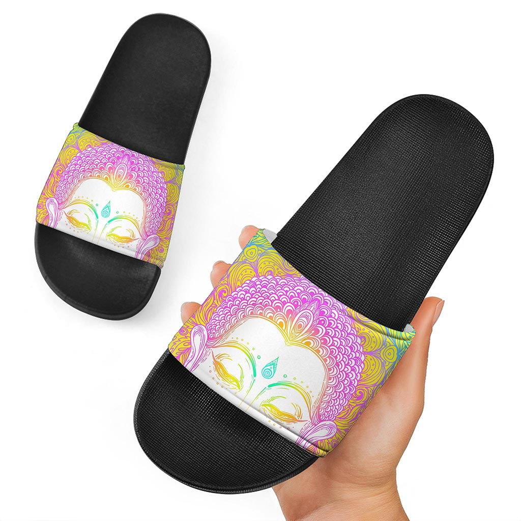 Colorful Buddha Mandala Print Black Slide Sandals