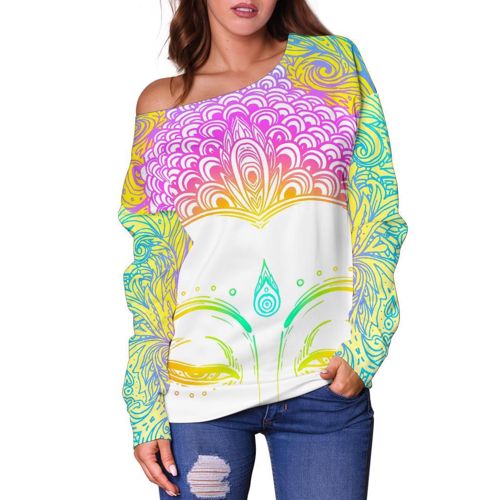 Colorful Buddha Mandala Print Off Shoulder Sweatshirt GearFrost