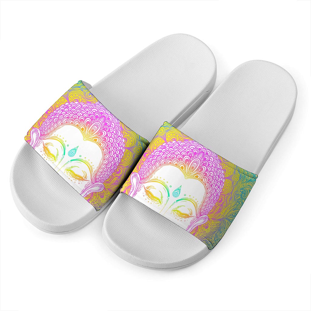 Colorful Buddha Mandala Print White Slide Sandals