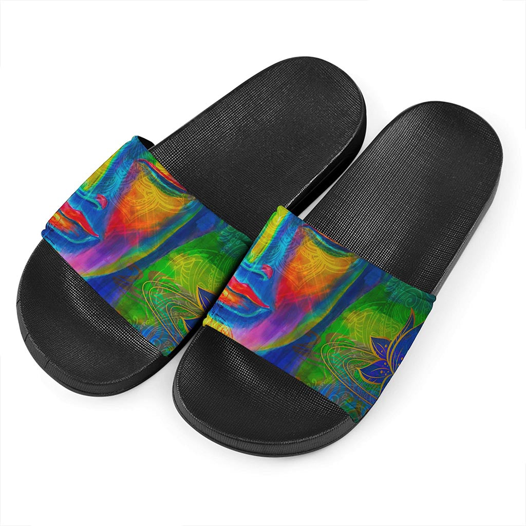 Colorful Buddha Print Black Slide Sandals