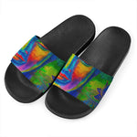 Colorful Buddha Print Black Slide Sandals