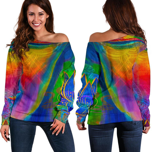 Colorful Buddha Print Off Shoulder Sweatshirt GearFrost