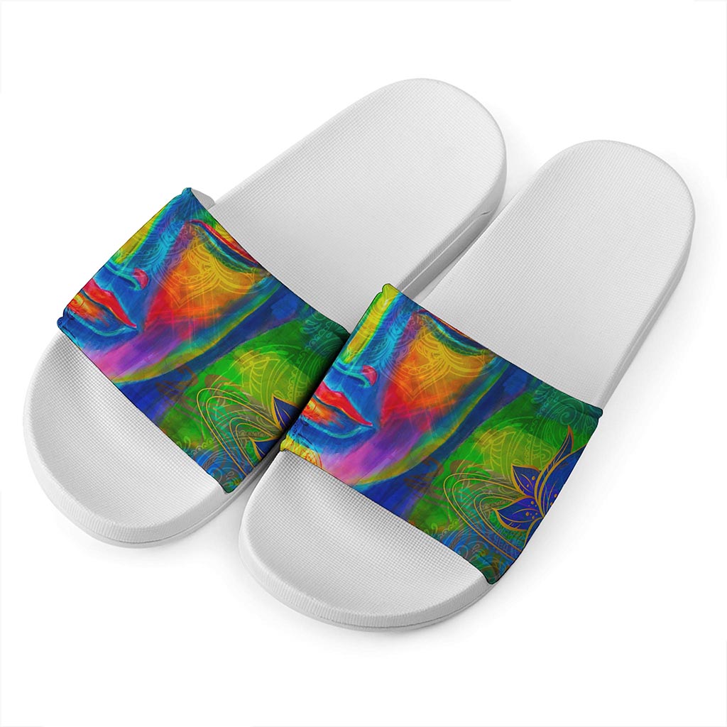 Colorful Buddha Print White Slide Sandals