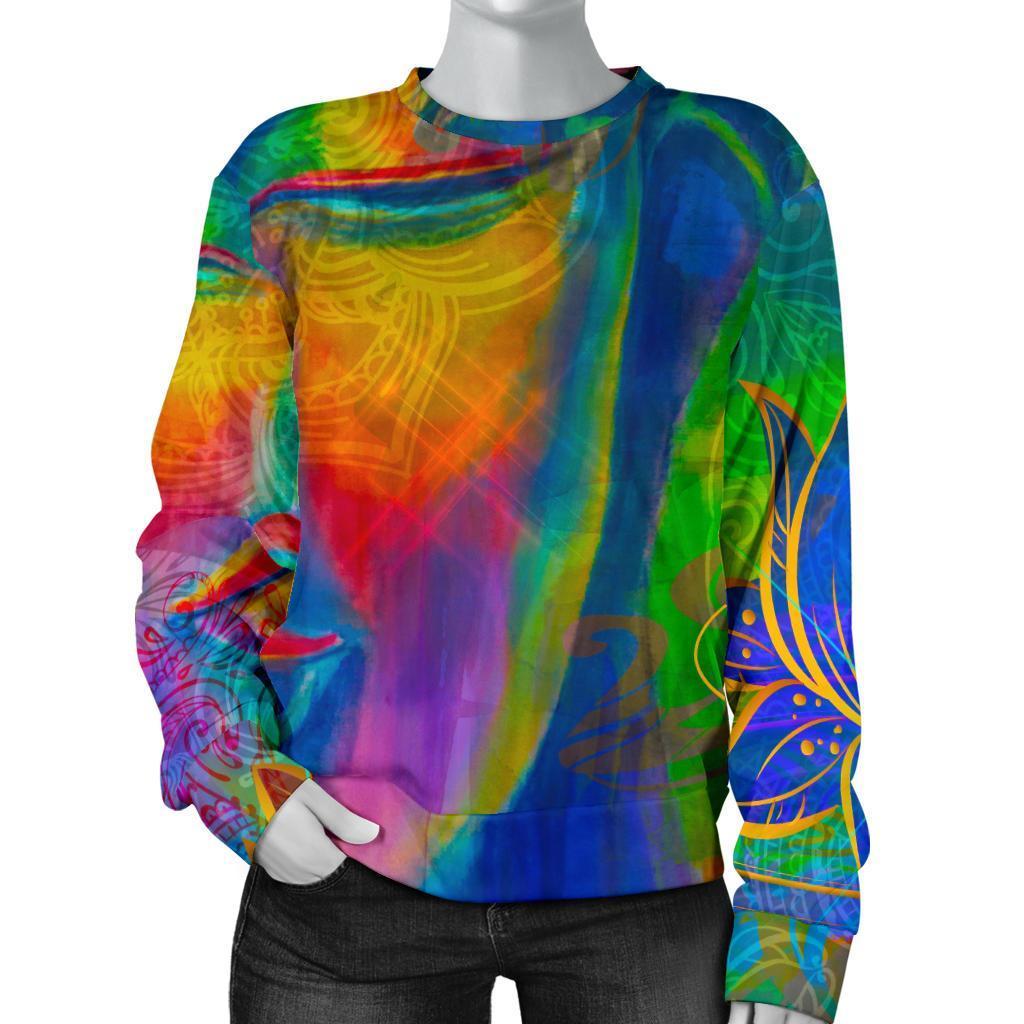 Colorful Buddha Print Women's Crewneck Sweatshirt GearFrost