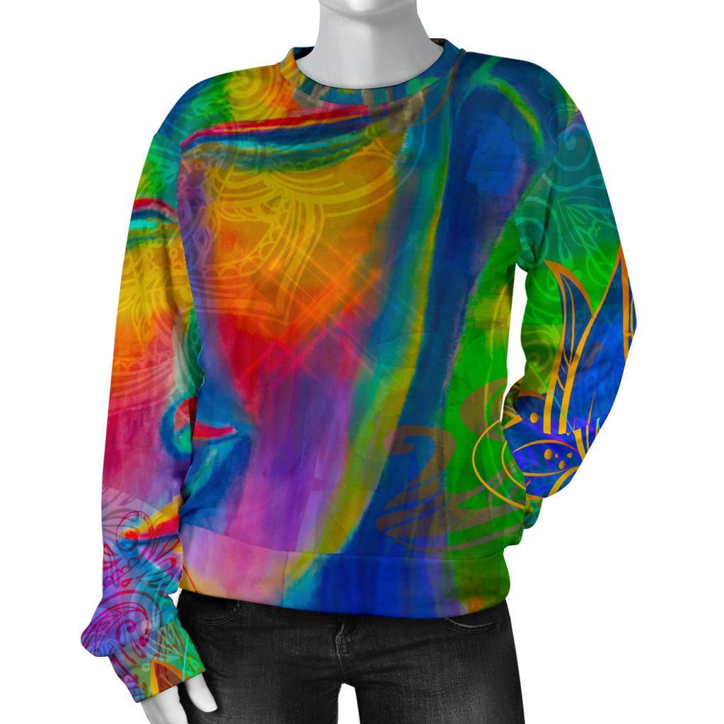 Colorful Buddha Print Women's Crewneck Sweatshirt GearFrost