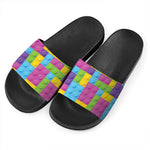 Colorful Building Blocks Pattern Print Black Slide Sandals