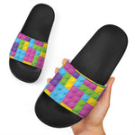 Colorful Building Blocks Pattern Print Black Slide Sandals