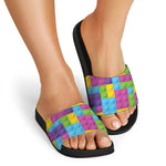 Colorful Building Blocks Pattern Print Black Slide Sandals