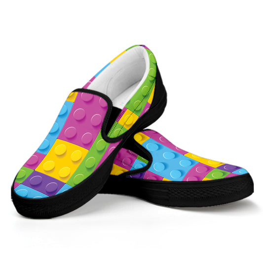 Colorful Building Blocks Pattern Print Black Slip On Shoes