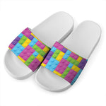 Colorful Building Blocks Pattern Print White Slide Sandals