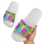 Colorful Building Blocks Pattern Print White Slide Sandals