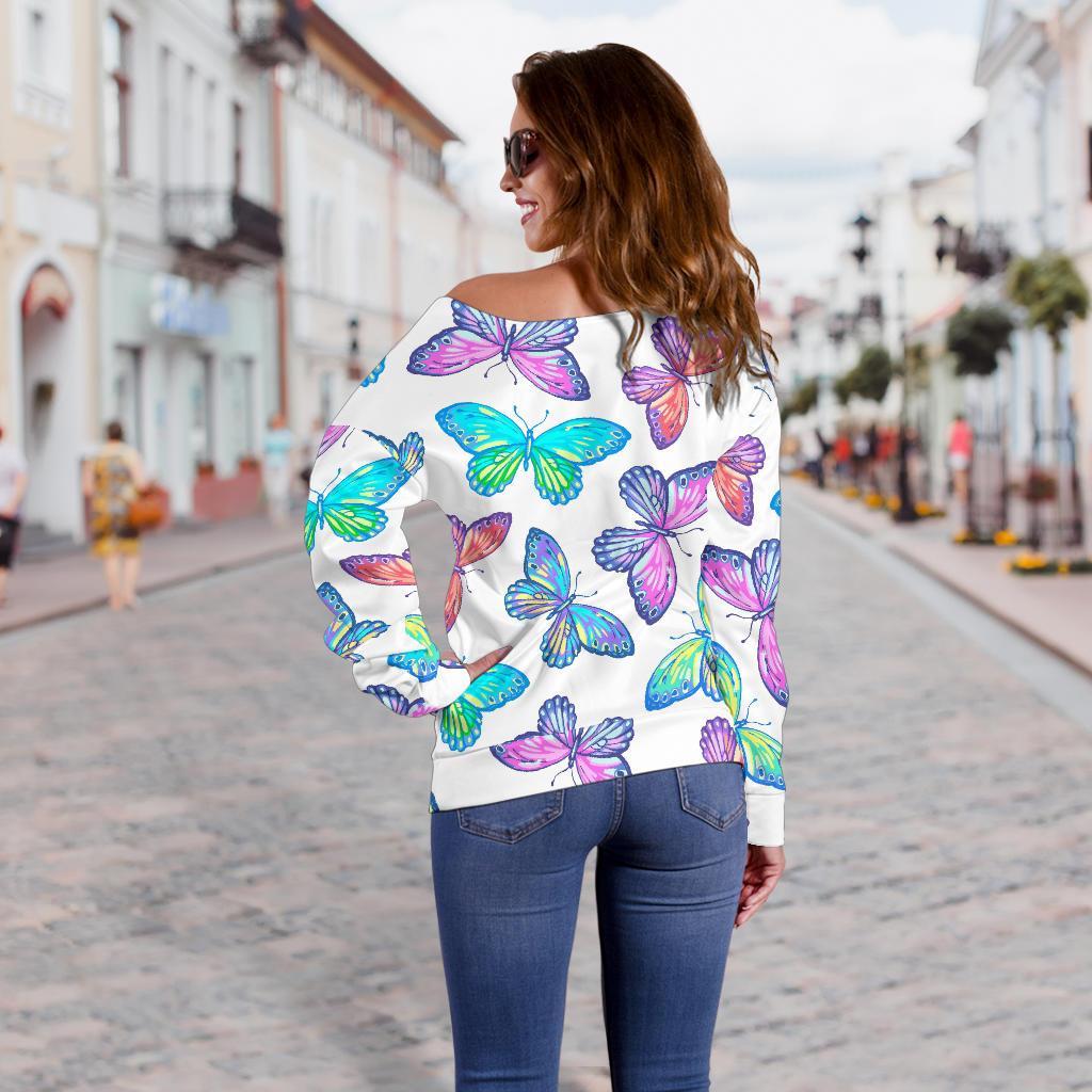 Colorful Butterfly Pattern Print Off Shoulder Sweatshirt GearFrost